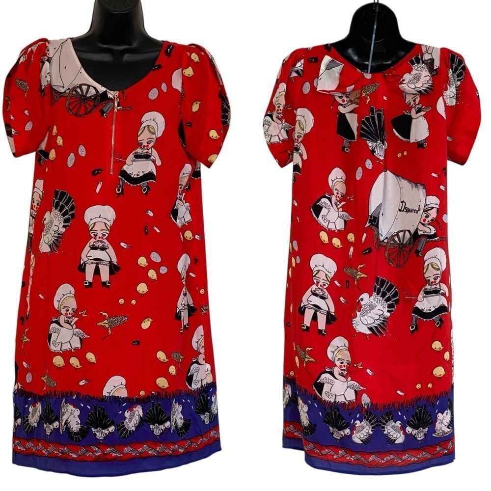 DSQUARED2 Vtg 100% Silk Saucy Pilgrim Pioneer Scarf Print Puff Sleeve Dress Sz L